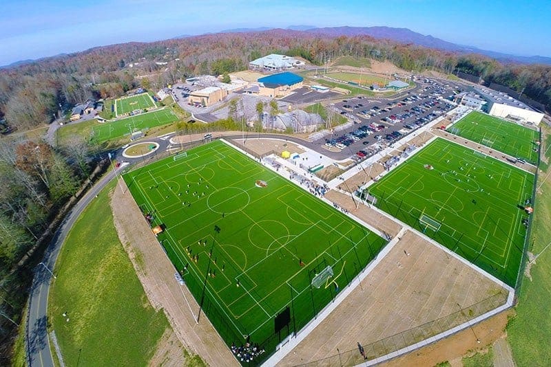 Aerial view of the fields at our Smoky Mountain sports complex.