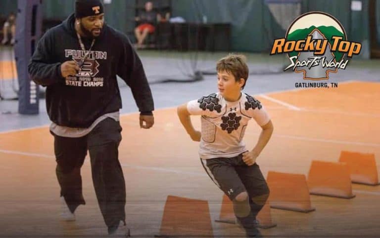 Jabari Davis and a young athlete at a Gatlinburg camp at Rocky Top Sports World.