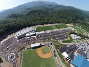 Aerial view of Rocky Top Sports World and the mountains.