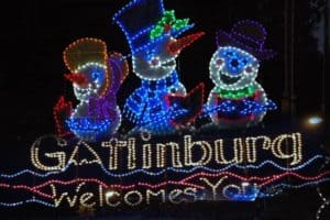 A Winter Magic lights display in Gatlinburg with singing snowmen.