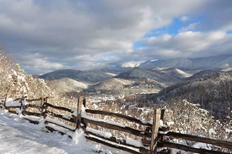 A beautiful winter photo of Gatlinburg covered in snow.
