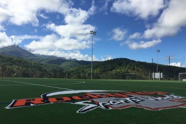 An outdoor field at Rocky Top Sports World with beautiful mountain views.
