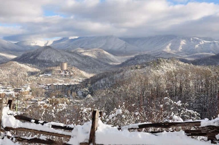 Gatlinburg covered in snow during the winter.