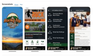 Screen shots of the Rocky Top Sports World app.